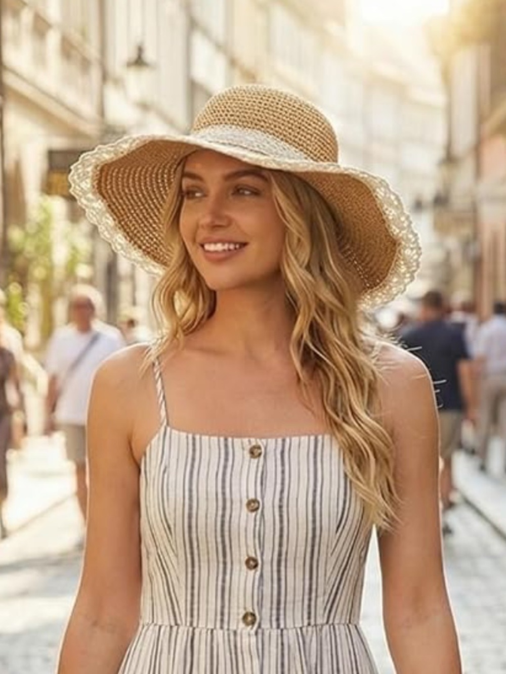 Lightweight wide-brim straw sun hat. Delicate cream lace trim and ties. Breathab